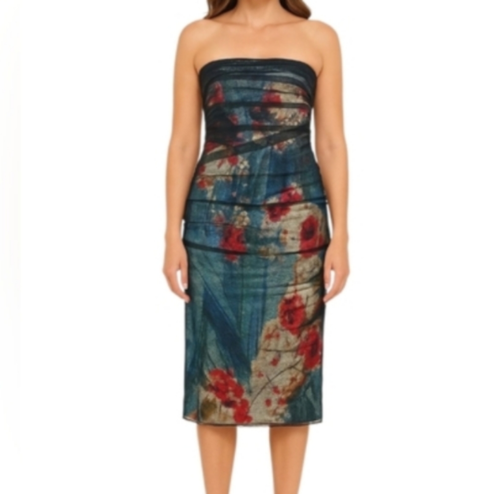 NWT Rene Ruiz Collection Strapless Midi Dress in Floral Print Black combo
